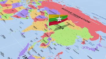 myanmar, Birma vlag golvend in wind, wereld kaart roterend in de omgeving van vlag, naadloos lus, 3d renderen video