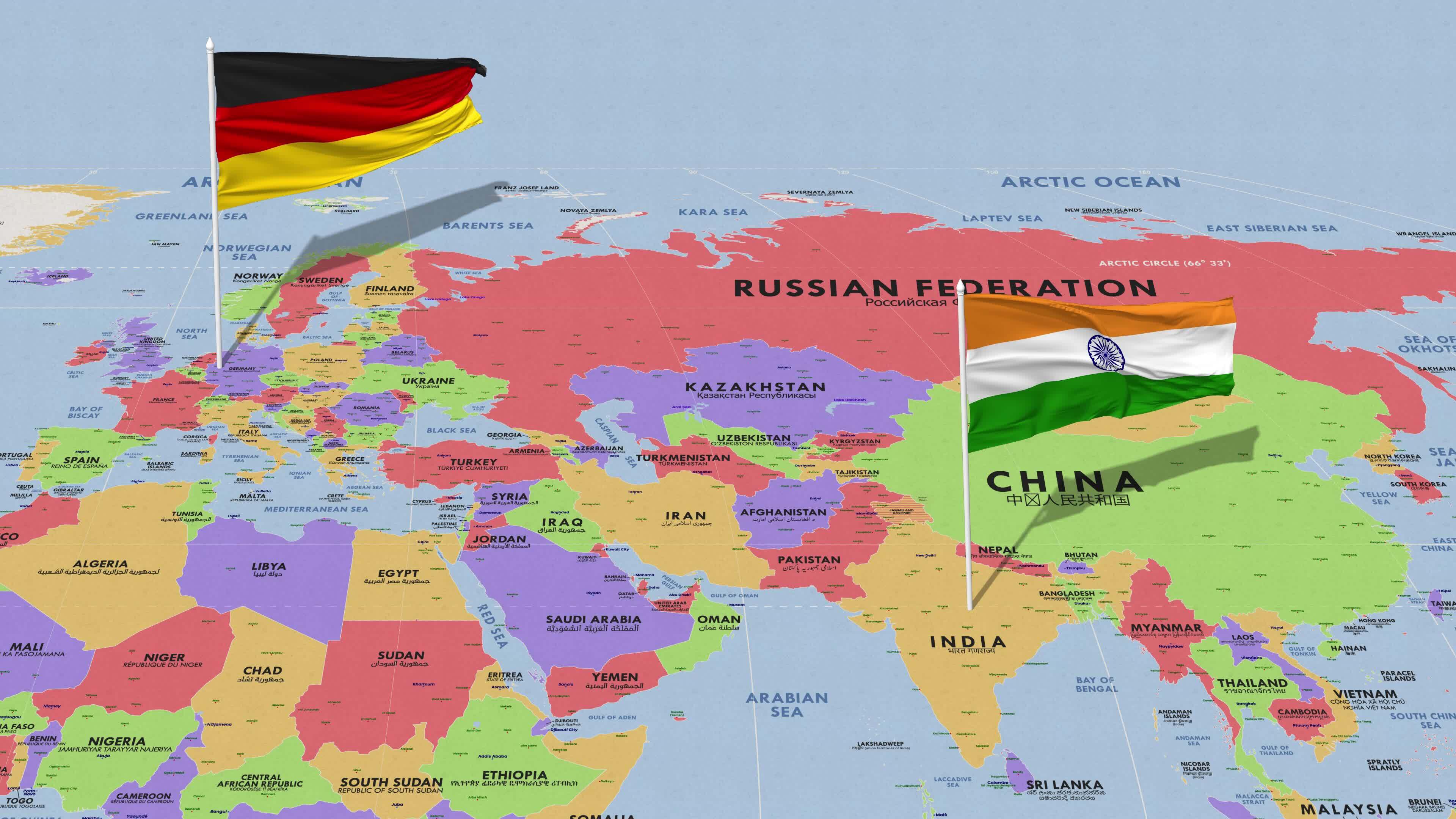 India and Germany Flag Waving with The World Map, Seamless Loop in Wind, 3D Rendering 41389387