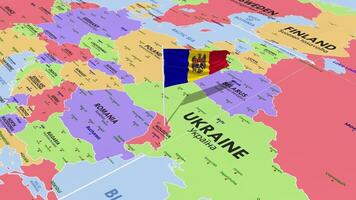 Moldova Flag Waving in Wind, World Map Rotating around Flag, Seamless Loop, 3D Rendering video