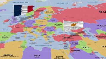 Cipro e Francia bandiera agitando con il mondo carta geografica, senza soluzione di continuità ciclo continuo nel vento, 3d interpretazione video