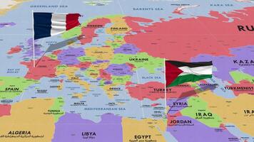 Palestine and France Flag Waving with The World Map, Seamless Loop in Wind, 3D Rendering video