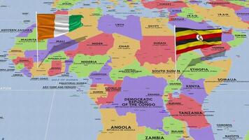 Uganda y Marfil costa bandera ondulación con el mundo mapa, sin costura lazo en viento, 3d representación video