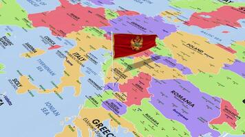 Montenegro Flag Waving in Wind, World Map Rotating around Flag, Seamless Loop, 3D Rendering video