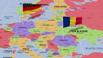 Romania e Germania bandiera agitando con il mondo carta geografica, senza soluzione di continuità ciclo continuo nel vento, 3d interpretazione video