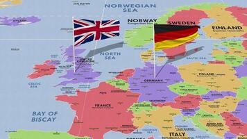Unidos reino e Alemanha bandeira acenando com a mundo mapa, desatado ciclo dentro vento, 3d Renderização video