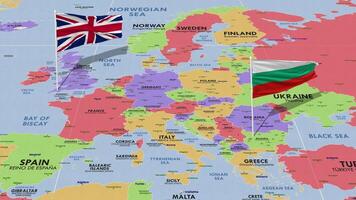 Bulgaria e unito regno bandiera agitando con il mondo carta geografica, senza soluzione di continuità ciclo continuo nel vento, 3d interpretazione video