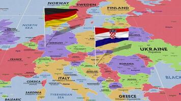 Croacia y Alemania bandera ondulación con el mundo mapa, sin costura lazo en viento, 3d representación video