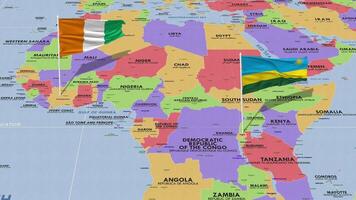 Rwanda and Ivory Coast Flag Waving with The World Map, Seamless Loop in Wind, 3D Rendering video
