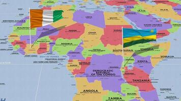 Rwanda and Ivory Coast Flag Waving with The World Map, Seamless Loop in Wind, 3D Rendering video