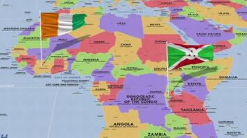 Burundi y Marfil costa bandera ondulación con el mundo mapa, sin costura lazo en viento, 3d representación video