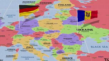 Moldavia y Alemania bandera ondulación con el mundo mapa, sin costura lazo en viento, 3d representación video