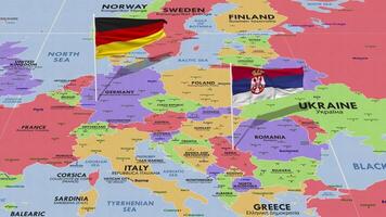 serbia y Alemania bandera ondulación con el mundo mapa, sin costura lazo en viento, 3d representación video