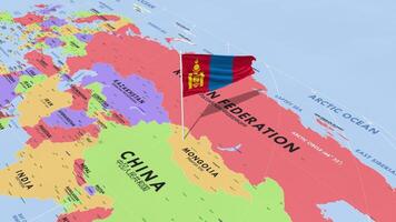 Mongolië vlag golvend in wind, wereld kaart roterend in de omgeving van vlag, naadloos lus, 3d renderen video