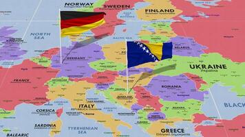 bosnia y herzegovina y Alemania bandera ondulación con el mundo mapa, sin costura lazo en viento, 3d representación video