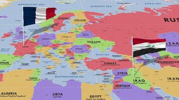 Irak en Frankrijk vlag golvend met de wereld kaart, naadloos lus in wind, 3d renderen video