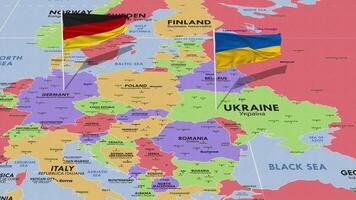 Ukraine and Germany Flag Waving with The World Map, Seamless Loop in Wind, 3D Rendering video