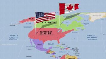 Canada and United States Flag Waving with The World Map, Seamless Loop in Wind, 3D Rendering video