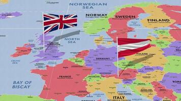 Austria and United Kingdom Flag Waving with The World Map, Seamless Loop in Wind, 3D Rendering video