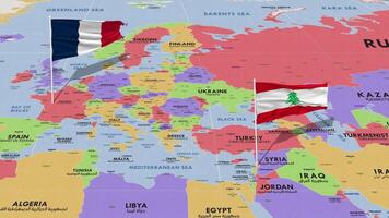 Lebanon and France Flag Waving with The World Map, Seamless Loop in Wind, 3D Rendering video