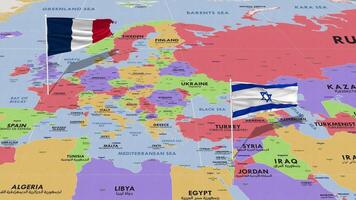 Israele e Francia bandiera agitando con il mondo carta geografica, senza soluzione di continuità ciclo continuo nel vento, 3d interpretazione video