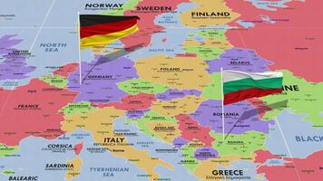 Bulgaria and Germany Flag Waving with The World Map, Seamless Loop in Wind, 3D Rendering video