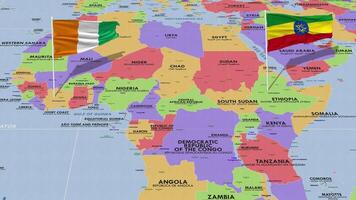 Ethiopie et Ivoire côte drapeau agitant avec le monde carte, sans couture boucle dans vent, 3d le rendu video