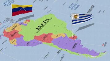 Uruguay e bolivariano repubblica di Venezuela bandiera agitando con il mondo carta geografica, senza soluzione di continuità ciclo continuo nel vento, 3d interpretazione video