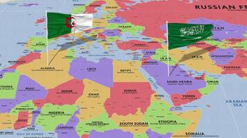 algeria e ksa, regno di Arabia arabia bandiera agitando con il mondo carta geografica, senza soluzione di continuità ciclo continuo nel vento, 3d interpretazione video