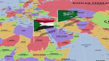 Sudán y ksa, Reino de saudi arabia bandera ondulación con el mundo mapa, sin costura lazo en viento, 3d representación video