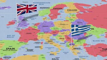 Grecia e unito regno bandiera agitando con il mondo carta geografica, senza soluzione di continuità ciclo continuo nel vento, 3d interpretazione video