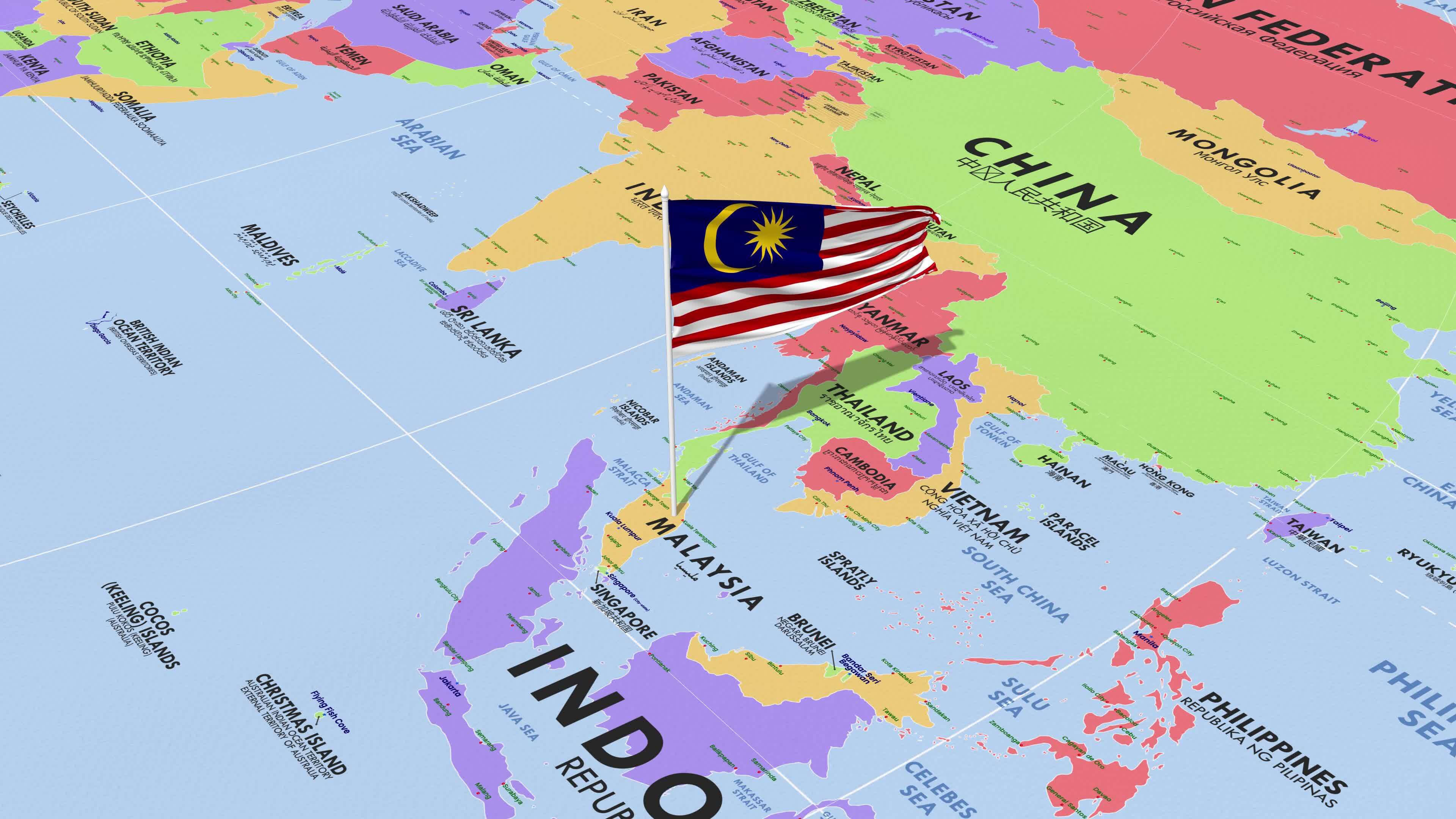 Malaysia Flag Waving in Wind, World Map Rotating around Flag, Seamless Loop, 3D Rendering