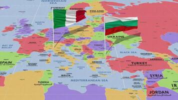 Bulgarien und Italien Flagge winken mit das Welt Karte, nahtlos Schleife im Wind, 3d Rendern video