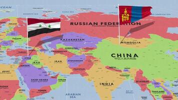 Syria and Mongolia Flag Waving with The World Map, Seamless Loop in Wind, 3D Rendering video