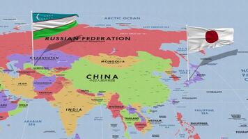 Ouzbékistan et Japon drapeau agitant avec le monde carte, sans couture boucle dans vent, 3d le rendu video