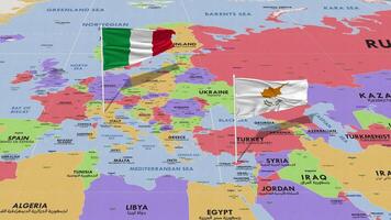 Cipro e Italia bandiera agitando con il mondo carta geografica, senza soluzione di continuità ciclo continuo nel vento, 3d interpretazione video