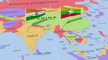 myanmar, birmania y India bandera ondulación con el mundo mapa, sin costura lazo en viento, 3d representación video