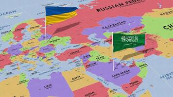 ukraina och ksa, rike av saudi arabien flagga vinka med de värld Karta, sömlös slinga i vind, 3d tolkning video