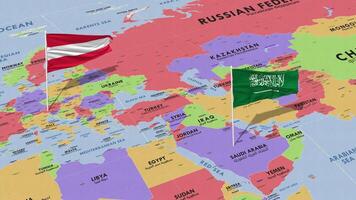 Lettonie et ksa, Royaume de saoudien Saoudite drapeau agitant avec le monde carte, sans couture boucle dans vent, 3d le rendu video