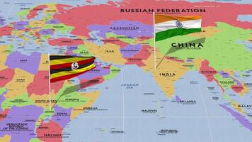 Uganda and India Flag Waving with The World Map, Seamless Loop in Wind, 3D Rendering video