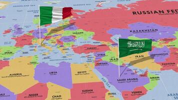 ksa, reino do saudita arábia e Itália bandeira acenando com a mundo mapa, desatado ciclo dentro vento, 3d Renderização video