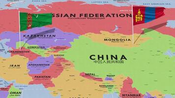 Turkmenistán y Mongolia bandera ondulación con el mundo mapa, sin costura lazo en viento, 3d representación video