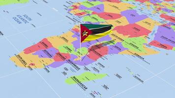 moçambique flagga vinka i vind, värld Karta roterande runt om flagga, sömlös slinga, 3d tolkning video