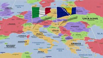 bosnia y herzegovina y Italia bandera ondulación con el mundo mapa, sin costura lazo en viento, 3d representación video