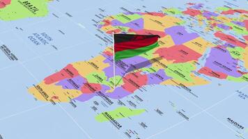 Malawi Flag Waving in Wind, World Map Rotating around Flag, Seamless Loop, 3D Rendering video