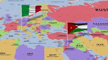 Jordan et Italie drapeau agitant avec le monde carte, sans couture boucle dans vent, 3d le rendu video