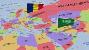 Romania and KSA, Kingdom of Saudi Arabia Flag Waving with The World Map, Seamless Loop in Wind, 3D Rendering video