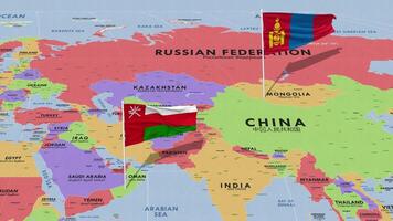 Oman and Mongolia Flag Waving with The World Map, Seamless Loop in Wind, 3D Rendering video