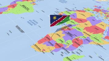 Namibia Flag Waving in Wind, World Map Rotating around Flag, Seamless Loop, 3D Rendering video