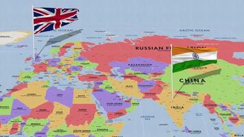 United Kingdom and India Flag Waving with The World Map, Seamless Loop in Wind, 3D Rendering video