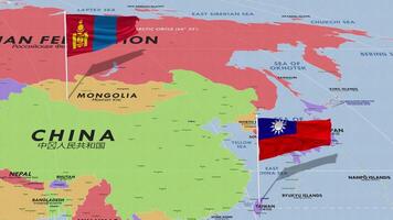 Taiwán y Mongolia bandera ondulación con el mundo mapa, sin costura lazo en viento, 3d representación video